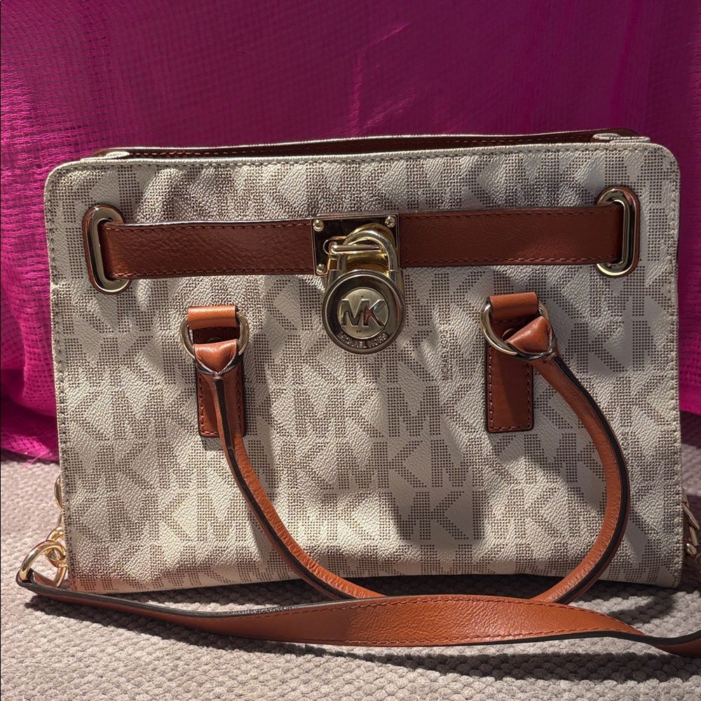 Michael Kors Cream and Brown Satchel with Padlock